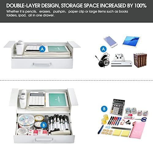GOME White Under Desk Drawer Storage with Laptop/Book/Folders Shelf, Double Layer Easy Slide-Out Undermount Drawer Organizer with Ball Sliding Track for Home Office Sit-Stand Workstation