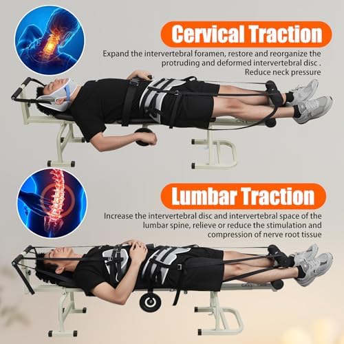 Inversion Massage Traction Table, Portable Cervical Lumbar Traction Bed Spine Stretcher Decompression Machine, Neck & Back Pain Relief Device with Ergonomic Handwheel, 350 LB Capacity (Black)