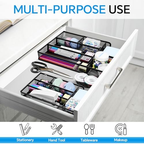 Desk Drawer Organizer, Office Drawer Divider Organizer Tray with 6 Compartments, Metal Mesh Desktop Organization and Accessories for Stationery Makeup Kitchen Toolroom School ＆Office, 12.6x8.27x1.6 in