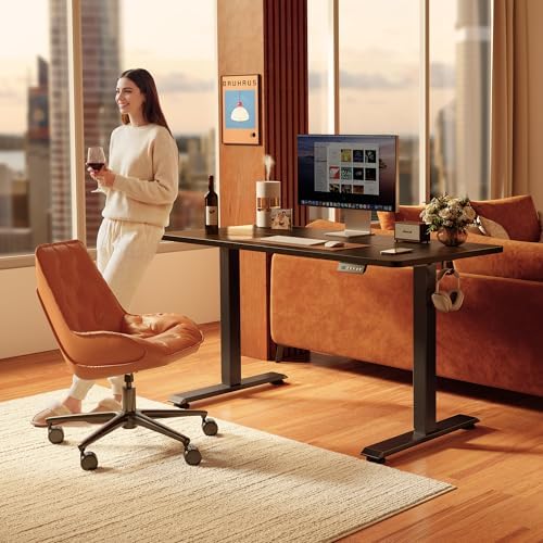 FEZIBO 55 x 24 Inchs Electric Standing Desk, Height Adjustable, Sit Stand Up, Computer Office Desk with Splice Board, Black Frame/Black Top