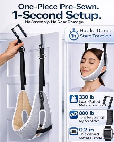 Upgraded Over-The-Door Cervical Neck Traction Device – Portable Adjustable Neck Stretcher for Neck Pain Relief, Spine Alignment & Posture Correction, Home Physical Therapy Kit, 330 lbs Support (Grey)