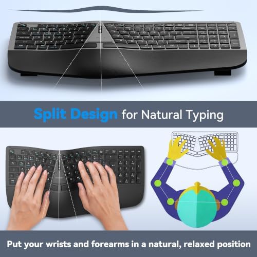 TECKNET Wireless Ergonomic Keyboard Rechargeable, 2.4G+Bluetooth Ergo Cordless USB Computer Keyboard, Wrist Rest, Natural Typing, Stain-Resistant Fabric, Compatible For Windows Computer Desktop Laptop