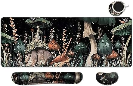 MIBITRI Keyboard Mouse Pad Set, Extended Gaming Mouse Pad+Ergonomics Keyboard Wrist Rest Support, Memory Foam, Easy Typing Pain Relief, 4Pcs XXL Ultra Thick Desk Mat, Snails and Mushroom