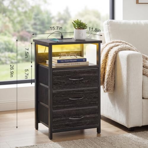 Fixwal Night Stand with 3 Fabric Drawers, Nightstand with Charging Station