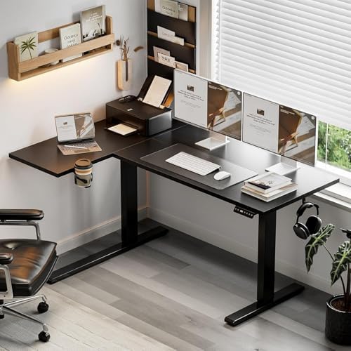 Muvai 71" L Shaped Standing Desk with Cable Tray, Reversible, Black