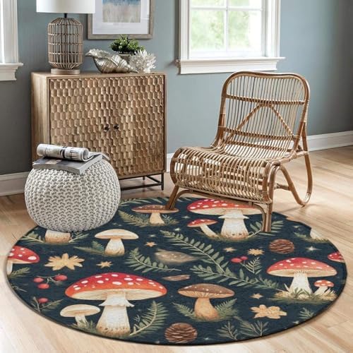 Soft Round Yoga Carpet, Large Home Decor Mat, Non Slip Machine Washable Kitchen Office Circle Rug Mushrooms