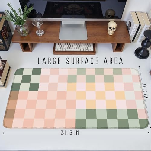Checkered Desk Mat Cute Pink Pastel XXL Large Mouse Pad Aesthetic Boho Desk Pad with Stitched Edges, Office Decor Keyboard Pad Mouse Mat for Computer