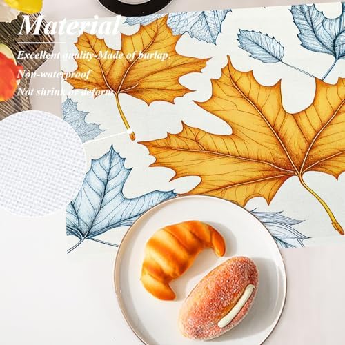 Shrahala Autumn Maple Leaves Set Of 4 12 X 18 Inch Linen Placemats , Cartoon Artistic White Background Burlap Table Mat Washable Double Layered Heat Insulation For Indoor/Outdoor