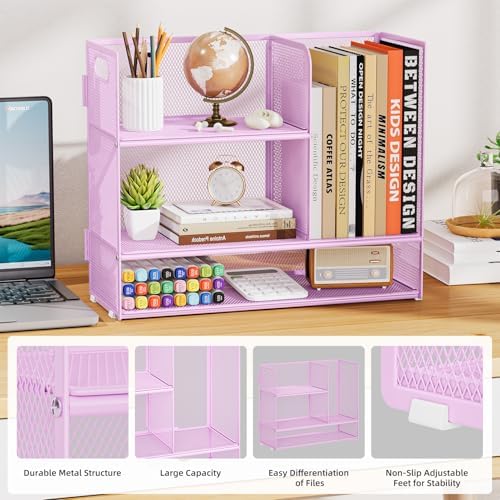 Marbrasse Desk Shelf Organizer with Handle, Bookshelf File Holder, Purple