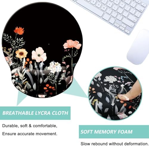Mouse Pad with Wrist Support, Ergonomic Mouse Pad with Memory Foam Wrist Rest Cushion, Non-Slip Rubber Base Gaming Mice Pad for Home Office Computer Laptop, Flower Black