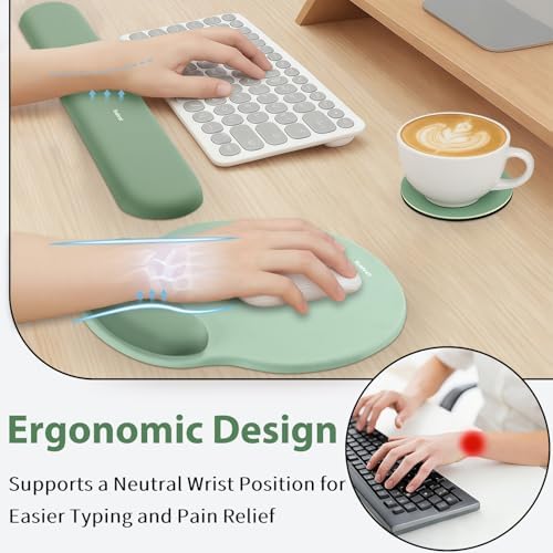 Sushret Mouse Pad and Keyboard Wrist Rest, 3-in-1 Gel Memory Foam Ergonomic Mouse Pad with Wrist Rest Set,Gaming Mousepad Arm Cushion Support for Computer Office Desk Accessories Cute Setup,Sage Green