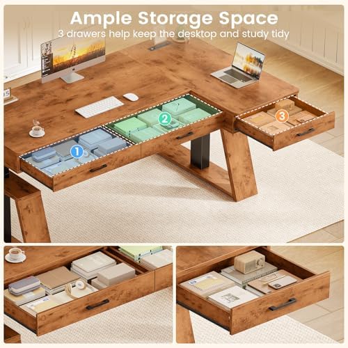 SEDETA 59 Inch L Shaped Electric Standing Desk with Drawers, Executive Adjustable Desk with Power Outlets, Sit Stand Computer Table for Home Office, Rustic Brown