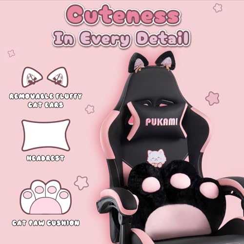 PUKAMI Pink Gaming Chair with Cute Cat Ears