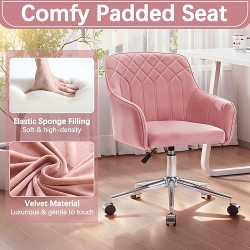 VECELO Modern Velvet Swivel Home Office Desk Chair with Back & Rolling Wheels, Adjustable Seat Height for Girls Women Bed Room Vanity Makeup/Task/Computer Work, Pink