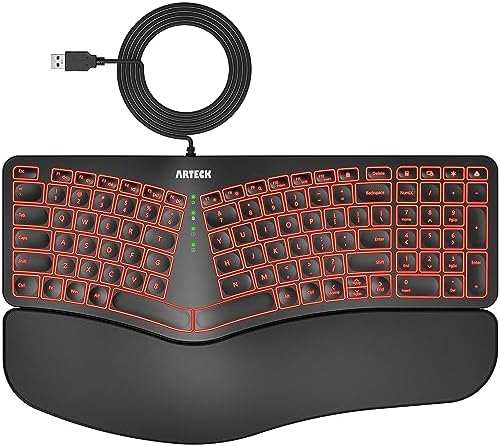 Arteck Split Ergonomic Keyboard with Palm Rest, USB Wired Backlit Keyboard