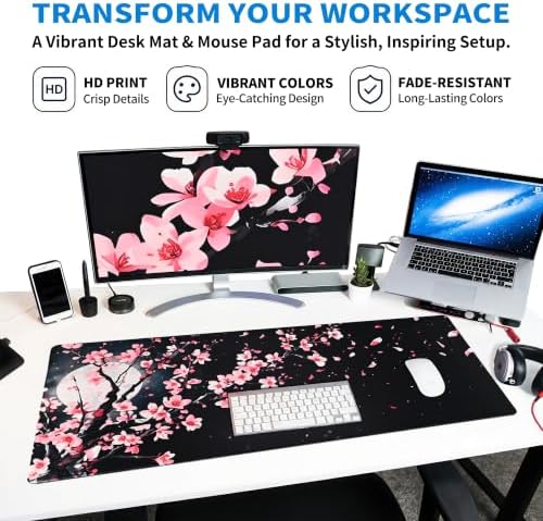 Extended Cherry Blossom Desk Mat, XXL Large Gaming Mouse Pad, Japanese Sakura Moon Stitched Edges Waterproof with Non-Slip Rubber Base for Computer Keyboard Laptop Work Home Office 35.4"x15.7"