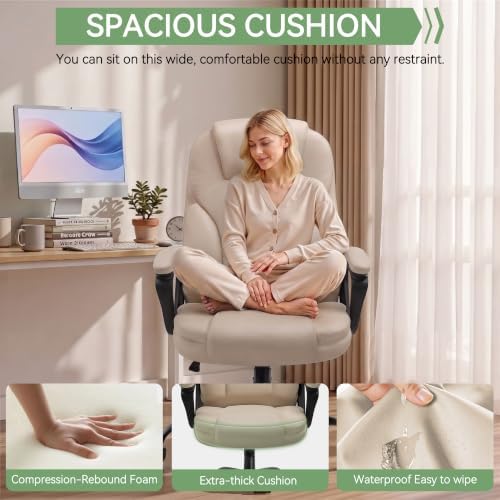 Ergonomic Office Chair with High Back, Comfy Desk Chair, Adjustable Executive Office Chair for Home Office, Big and Tall Computer Chair Heavy Duty, 360° Swivel, Faux Leather White