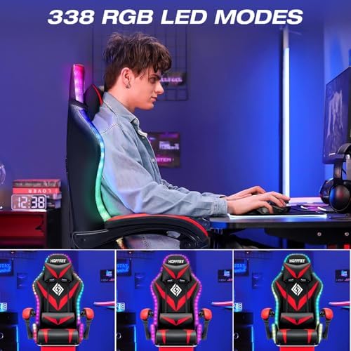 RGB Gaming Chair with Massage & Footrest Racing Style Computer Chair-Red