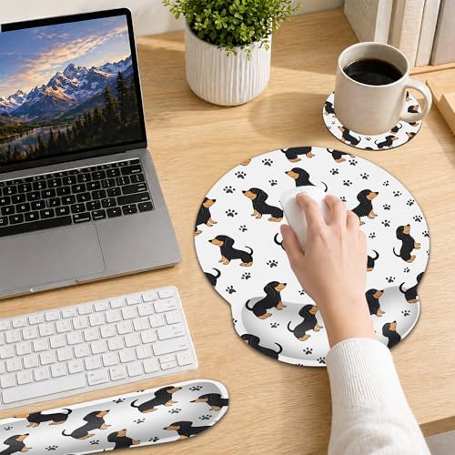 Wrist Rest Mouse Pad and Keyboard Support Set,Cute Dachshund Dog Paw 3 in 1 Ergonomic Memory Foam Mousepad with Non Slip Base, Gaming Mouse Pad for Office and Home