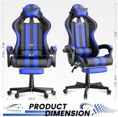 Ferghana Blue Gaming Chairs with Footrest, PC Gaming Chairs for Adults Teens, Racing Style, Luxurious Comfort, Waterproof PU Leather