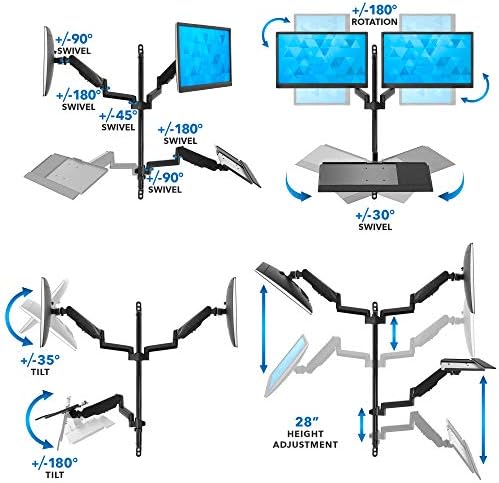 Mount-It! Dual Monitor Arm Wall Mount Workstation with Keyboard Tray & CPU Holder, Height Adjustable Gas Spring Full Motion Computer Station, Fits 17–32” VESA 75x75 100x100, Black