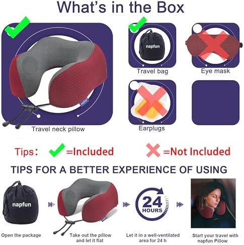 napfun Neck Pillow for Travel, Memory Foam Airplane Pillow, Burgundy