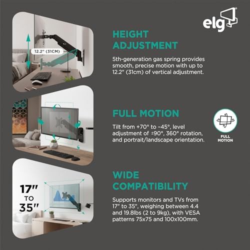 ELG Gas Spring Monitor Wall Mount, Full Motion 17-35" Screens up to 19.8 lbs, 15" Extension from Wall, 360° Rotation, -45°/+90° Tilt, Cable Organizer, VESA 75x75 to 100x100mm, Black