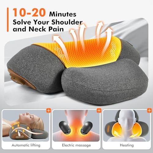 3-in-1 Rechargeable Wireless Heating Neck Massage Pillow—Relieves Neck Pain; Combines Heat Therapy, Massage, and Stretching Functions in One Ergonomic Neck and Shoulder Relaxer (Gray)