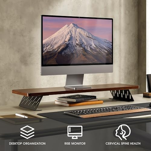 Fenge Monitor Stand Riser, Wooden & Metal Desk Shelf Organizer, Brown