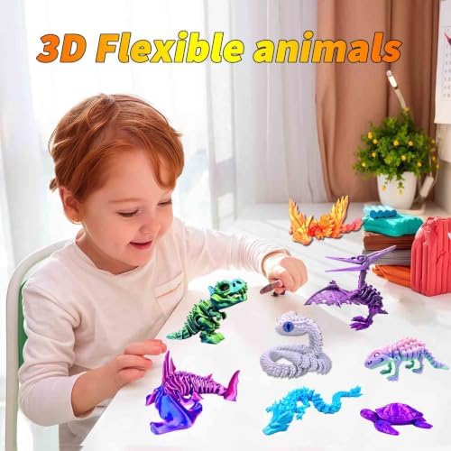 8pcs 3D Printed Dinosaur, Snake Turtle Pterosaur T-Rex Fidget Toys,Crystal Dragon Flying Dragon，Desk Executive Toy，Easter,Toys for Boys Kids Teen 5-7 4-6 8-12