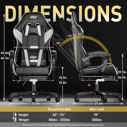 HLDIRECT Gaming Chair with Footrest, Lumbar Support & Headrest, Black&White
