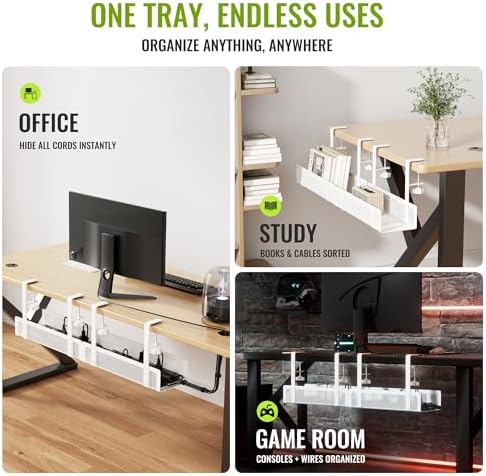 [Upgraded] 2 Pack Cable Management Under Desk Tray, Xpatee 27.6" No Drill Open Slots Cable Management Tray, Cord Wire Organizer Box with Clamp for Table Thickness up to 3" - No Desk Damage(White)