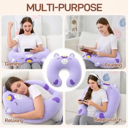 Lap Pillow, Cute Purple Unicorn Crochet Pillow for Knitting, Crafting, Gaming, Reading and Phone Use on Bed, Sofa or Chair, U-Shaped Wrap Around Arm Support Cushion and Neck Pillow