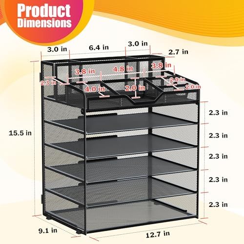 Docnest 6 Tier Mesh Desk Organizer with Letter Tray & Paper Sorter, Black