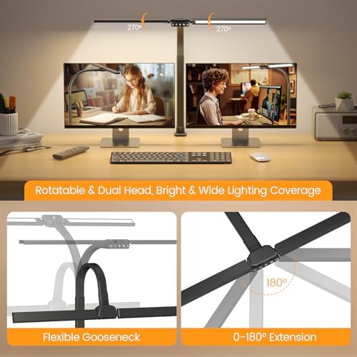 SIBRILLE Upgraded LED Desk Lamp for Home Office with RGB, Rotatable Computer Desk Light with Remote, Tall Table Lamp with Clamp for Working, Dimmable Dual Head Task Lighting for Monitor PC, 22W
