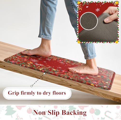 KIMODE Christmas Decor Kitchen Mats for Floor Anti Fatigue, Boho Vintage Kitchen Rugs Sets of 2, Cushioned Kitchen Floor Mats, Comfort Standing Mat for Sink Laundry Office Desk 17"x47"+17"x29" Red