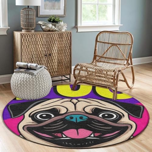 Large Home Decor Mat, Soft Round Yoga Carpet, Non Slip Machine Washable Home Office Circle Rug Colorful Pug