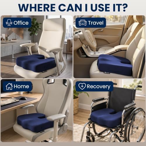 5 STARS UNITED Seat Cushion - Memory Foam Chair Cushion for Tailbone Pain Relief - Ergonomic Support for Coccyx, Sciatica & Butt - Office, Desk & Gaming Chair, Car Seat, Wheelchair, Airplane, Blue