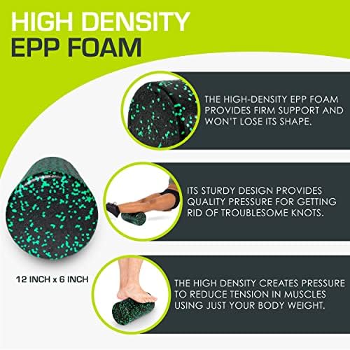 ProsourceFit High Density Foam Rollers 12 - inches long, Firm Full Body Athletic Massage Tool for Back Stretching, Yoga, Pilates, Post Workout Muscle Recuperation, Black/Green