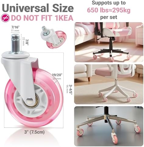 Pink Office Chair Caster Wheels Set of 5, 3 Inch Heavy-Duty Rubber Chair Casters Replacement, Computer Gaming Desk Caster Wheels Smooth Rolling for Hardwood Carpet Tile Floors, 11 * 22mm Universal fit