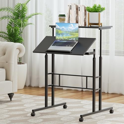 Height Adjustable Rolling Laptop Stand Table, 28-46 in for Young and Adults, Tiltable Keyboard Tray and Locking Casters for Home and Office