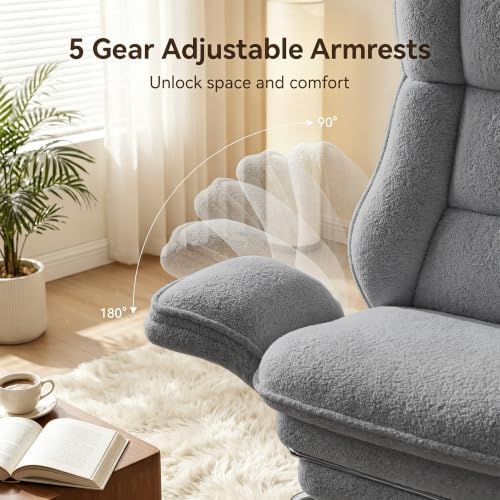 Big and Tall Office Chair, Criss Cross Chair with Flip Armrests & 6.7″ Plush Seat, 135° Reclining Cross Legged Office Chair, Sherpa Fleece, Gray
