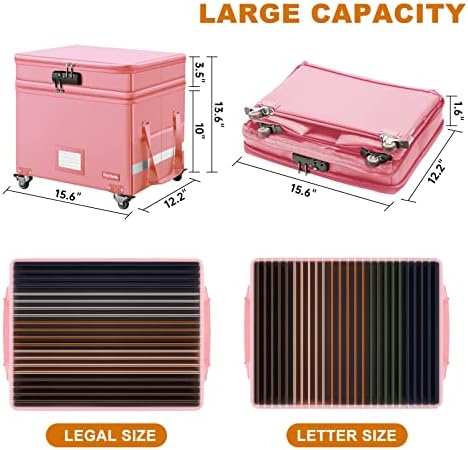DocSafe File Box with Lock,2-Layer Fireproof Document Box with Wheels,Collapsible Rolling File Storage Organizer with Pockets,Large Portable Home Office Filing Cabinet Safe for Hanging Folders,Pink