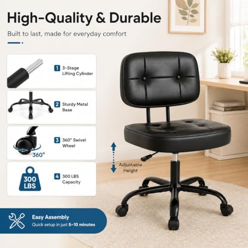 Armless Drafting Chair, Ergonomic PU Leather Home Office Computer Task Chair with Lumbar Support, Height Adjustable Swivel Rolling Chair for Small Spaces, Vanity, Bedroom, Study, Living Room, Black