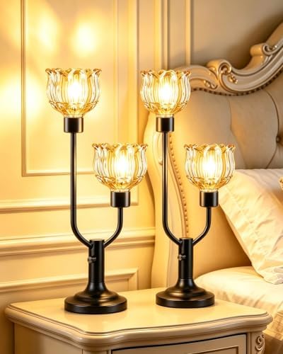 Lightdot Nightstand Lamps Set of 2 Flower Amber Glass Table Lamp Dimmable