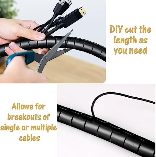 Large PC Cable Management Tube Sleeve Under Desk Wire Organizer for Cords 2 PCS Black, 1.1 inch -5 ft EZ Spiral Cable Wrap Cover Bundler w/Clips for TV Office, Pet Proof Cable Protector