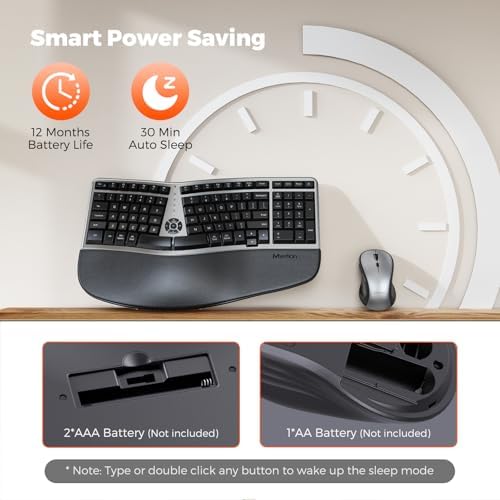 MEETION Ergonomic Wireless Keyboard Mouse, Split Palm Rest Keyboard, Black