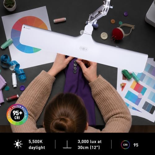 Daylight Lumi Lite LED Table Lamp with Clamp – 3 Brightness Levels, Memory Function, Spring-Balanced Adjustable Arm, 95+ CRI, 5500K Daylight Light for Crafting, Reading, Sewing & Hobby Work