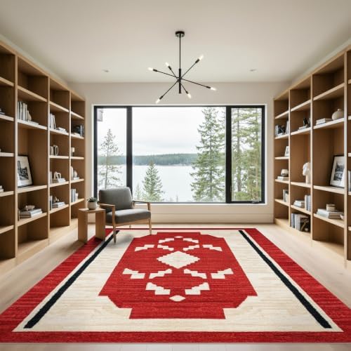 9'x12' Red Ivory Cat Crimson Boho Geometric Washable Area Rug