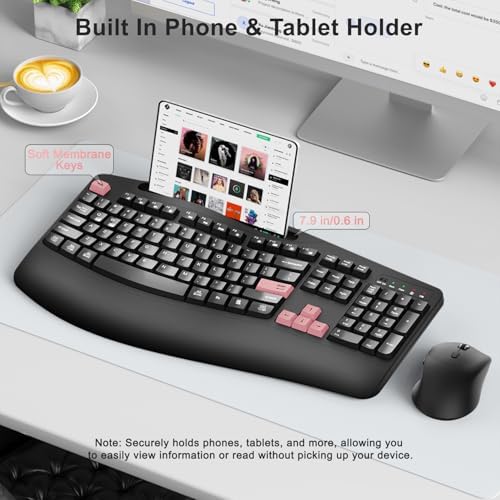 Wireless Keyboard and Mouse Combo, Full Size Ergonomic Wave Keys(Pink-B)